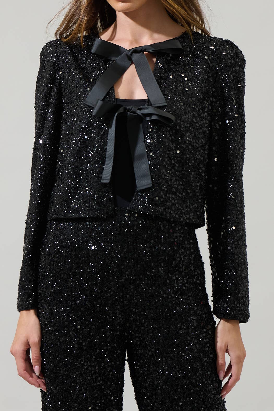 Katy Sequin Bow Tie Cardigan Black