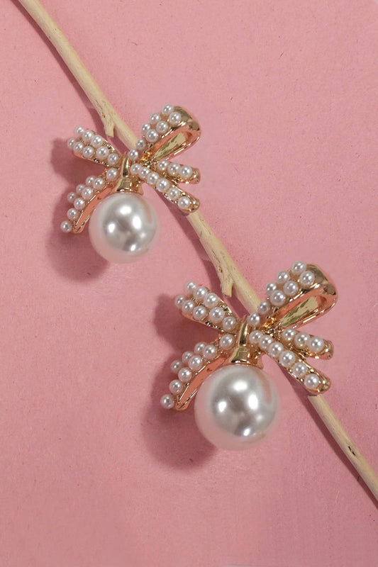 Drop Pearl Bow Stud Earrings