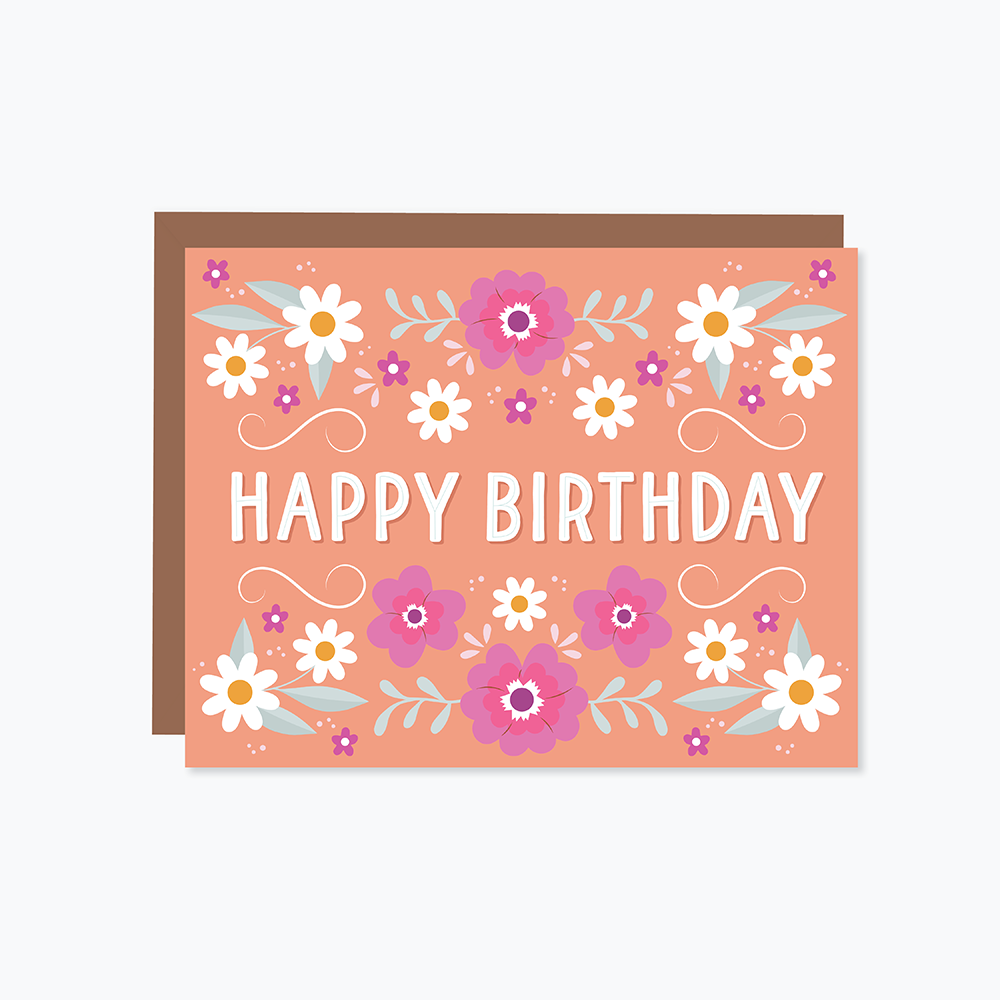 Floral Coral Happy Birthday Card