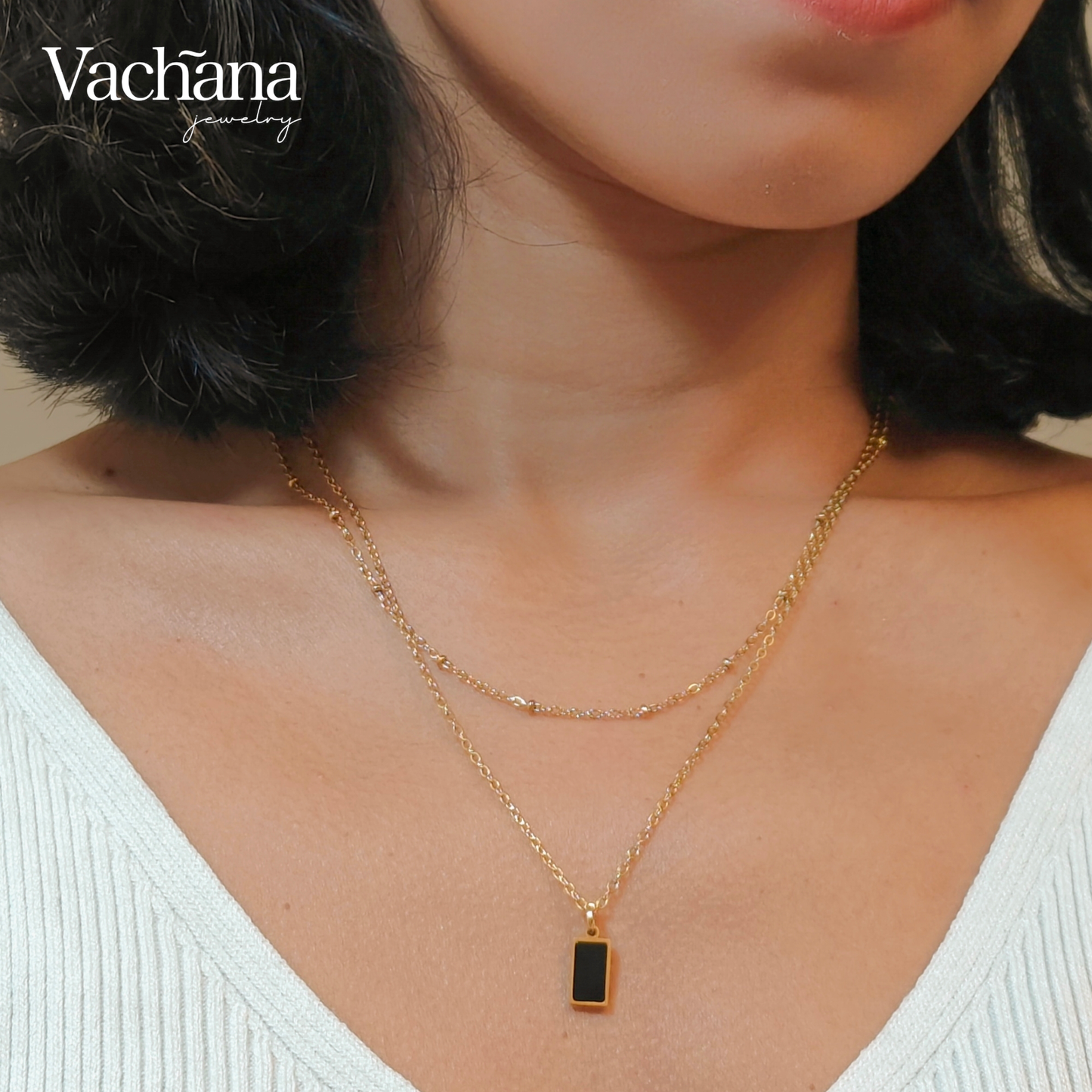 Mini Rectangle Pendant Double Layer Chain Necklace