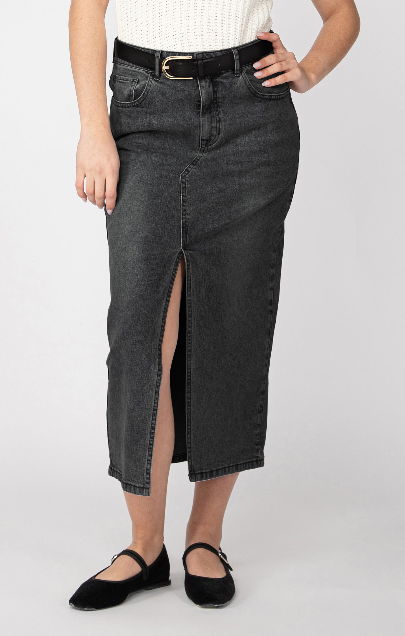 Kate Denim Midi Skirt in Grey